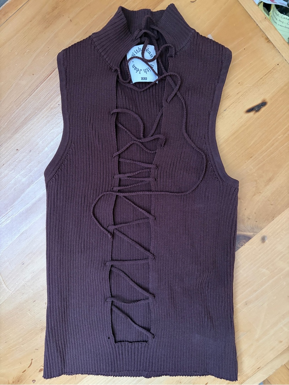 With Jéan Amethyst Knit Top Brown Sleeveless Lace-Up Knit Top XXS
